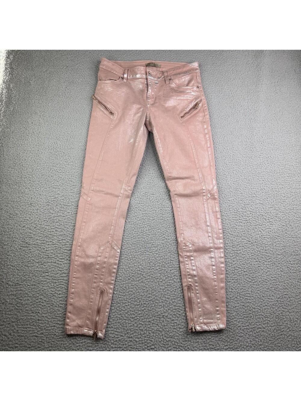 Guess Pink Jeans Womens Size 28 Low Rise Slim Tapered Metallic Coat Zipper 28x29
